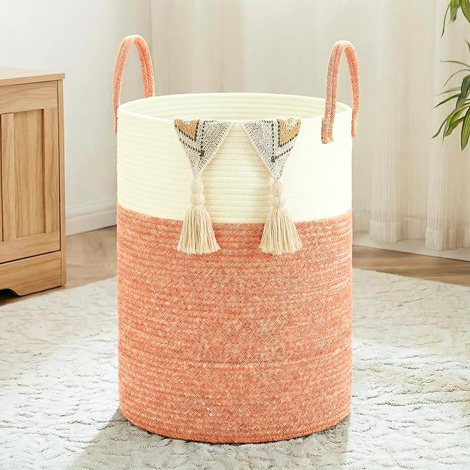 Laundry Basket,Woven Cotton Rope Laundry Hamper,80L for Decor Storage of Dirty Clothes,Toys and Blankets in Bathroom,Baby Room and Living Room