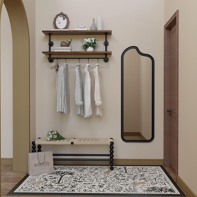Clothes Rack 42in, Wall Mounted Garment Rack with Real Walnut Wood Shelf, Heavy Duty Hanging Clothes Rack, Multi-Purpose Hanging Rod, Space-Saving Closet Storage