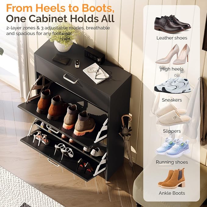 VINGLI Set of 2 Black Shoe Cabinet Storage for Entryway, 2-Pack Ultra Slim Shoe Organizer with 2 Flip & 1 Drop-Down Drawers, 24.8" W Narrow Shoe Cabinet, Modern Black Wood Shoes Rack for Hallway