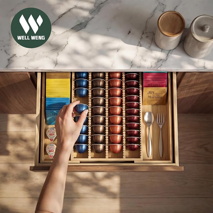Large Expandable Bamboo Coffee Pod Drawer Organizer | 10.8" -19"W x15.67"Dx1.9"H, Compatible with Nespresso Vertuo Capsules, 40 Big or 52 Small Pods Holder for Counter