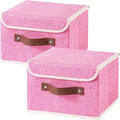 2PCS Collapsible Storage Boxes Baskets with Lid Cotton Linen Fabric Storage Bins with Faux Leather Handles Washable Cube Organizer Container for Home Closet Bedroom (Pink, Small Size)