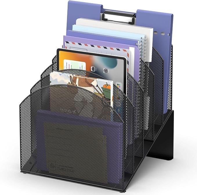 File Organizer for Desk, 5-Section Mesh Mail Holder, Black | Mesh file organizer for desk, mail organizer and folder holder for A4/letter papers, notebooks, binders and office supplies