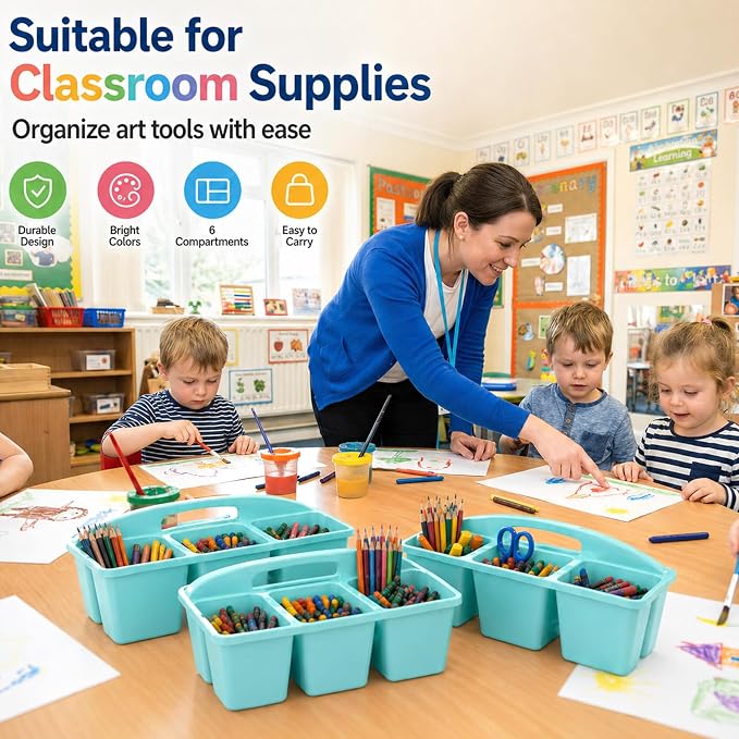 gisgfim 6 Pack Plastic Classroom Caddy with 6-Compartments Plastic Storage Caddies with Handle 6 Compartments Table Caddy Organizer Versatile Table Caddies for Classroom Office Storage, Lake Blue