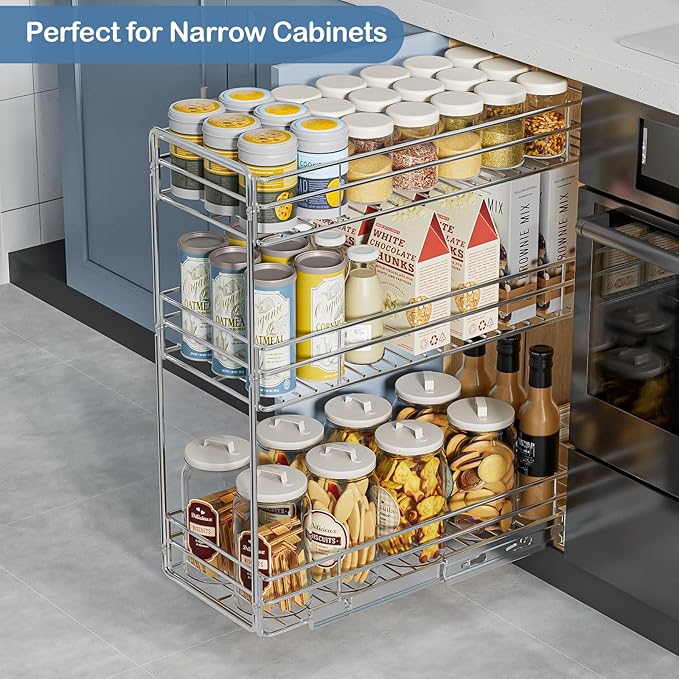 ROOMTEC 3-Tier Pull Out Cabinet Organizer for Narrow Cabinet (5.5" W X 20.5" D), Kitchen Cabinet Organizer and Storage Cabinet Pull Out Shelves Under Cabinet Storage for Kitchen, Chrome