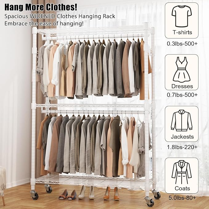 BATHWA Clothes Racks for Hanging Clothes, 25 mm tube Heavy Duty 47.3" W x 17.7" D x 80.7" H Large Wardrobe Rack with Shelves & Wheels Rolling Metal Commercial Multifuctional, White