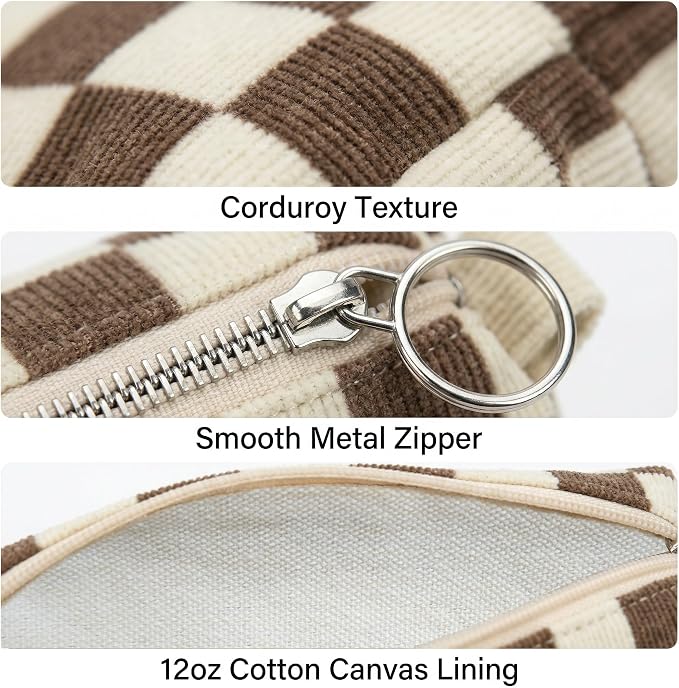 Soft Corduroy Pencil Case Pen Pouch Organizer, Small Stationery Bag | Cute brown checkerboard pouch, smooth zipper, daily cosmetics holder, compact organizer for school teen girls, women