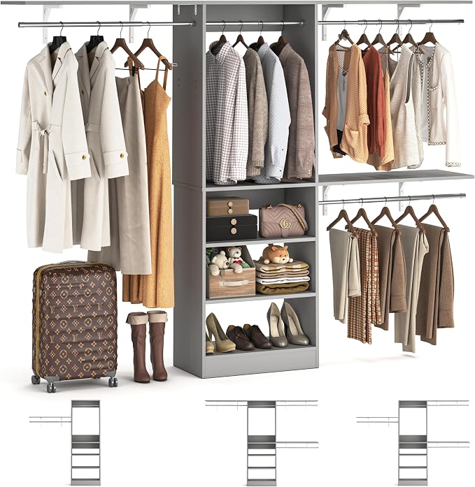 8FT Closet System with 3 Wooden Storage Shelves, 96'' Closet Organizer System with 3 Hanging Rods, Wall Mount Bedroom Wardrobe Walk-in Closet, Adjustable Garment Rack from 5 to 8FT (Cut to Fit), Grey