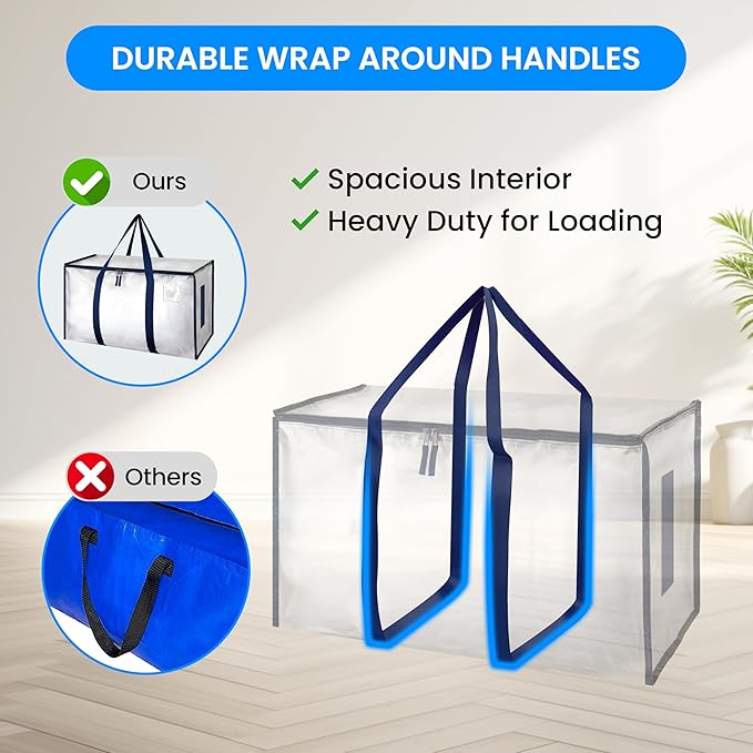 Simple Deluxe 4 Pack Extra Large Moving Bags with Lids, Reinforced Handles and Zippers, Heavy Duty Storage Tote for Moving Travel Camping Space Saving, White