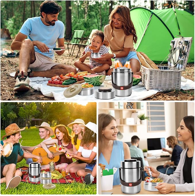 3-Layer Thermos for Hot Food & Soup Containers 67 Oz with Lunch Bag | Sealed Stackable Stainless Steel Insulated Bento Box, Ideal for Daily Office Meals, School Lunches and Outdoor Dining