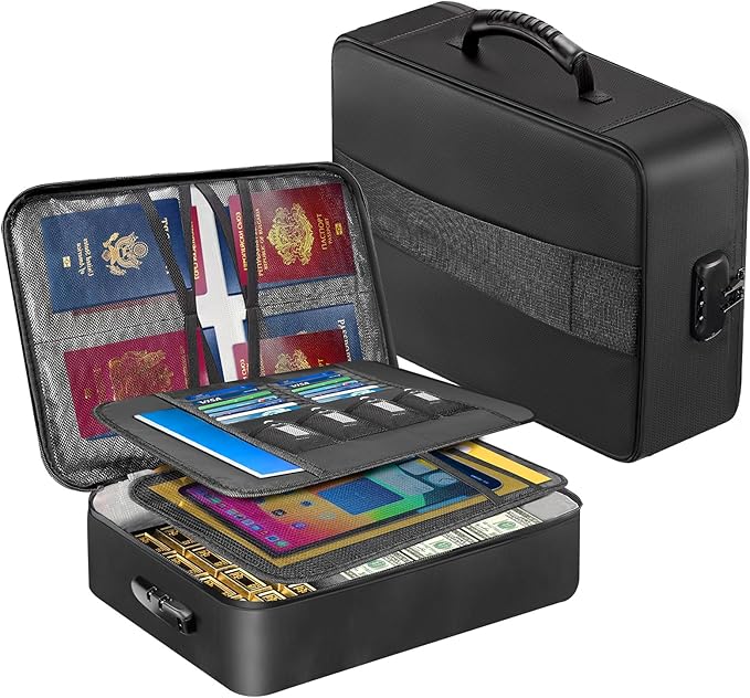 Fireproof Document Organizer Box with Lock for Important Documents | 8 Layers File Organizer, 5200°F Fire & Water-Resistant, Portable Home Travel Safe Storage, 15"x11"x4.1", Black, Soft