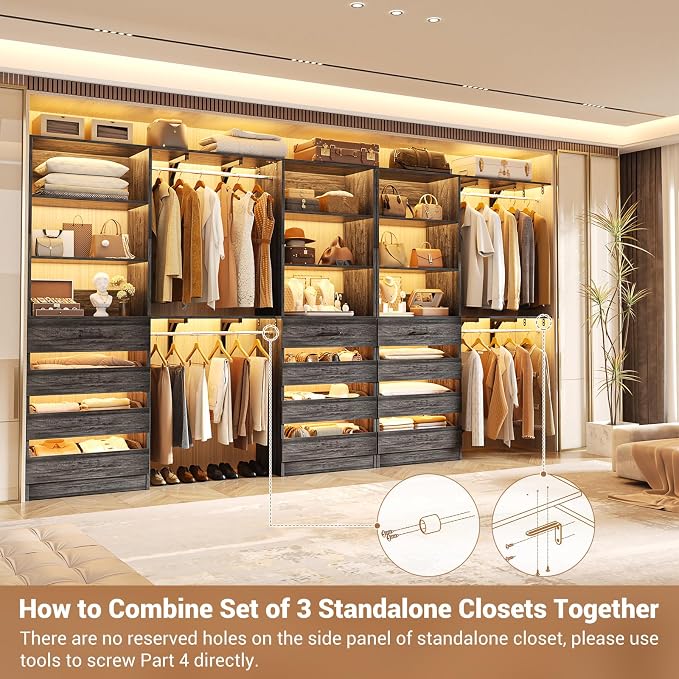 Aheaplus Closet System Set of 3, 138.5" Wood Closet Organizer System Tower with 12 Drawers & 4 Hanging Rods, 6.7+4.85Ft L Shaped Walk-in Closets Wardrobe Organizer Garment Rack with Shelf, Black Oak3