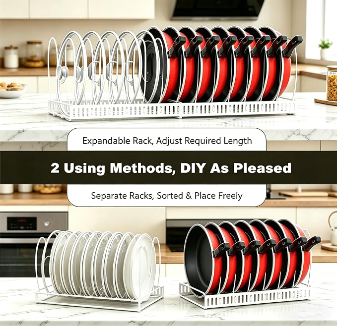 Expandable Pot and Pan Organizer for Cabinet, 14 Adjustable Dividers, Versatile Pan Holder Storage Rack, Extends from 12'' to 23'', Fits Cabinets, Countertops, or Under Sink, White, Iron