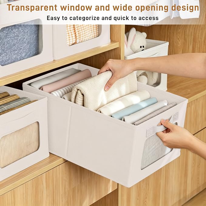 Linen Closet Organizers and Storage 8 Packs-Fabric Storage Bins with Clear Windows,Closet Baskets for Organizing Clothes, Pants, Towels