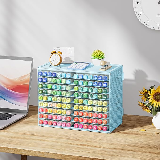 Marbrasse Mesh Marker Organizer, 9-Tier Rack Holds 126 Markers, Blue | Marker Holder, Space-saving Vertical Design, Desktop Storage for Office Classroom & Home Art Supplies
