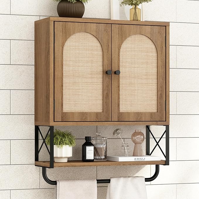 RUSTOWN Rattan Bathroom Wall Cabinet, Boho Over The Toilet Storage Cabinet | Arched Rattan Doors, Modern Medicine Cabinet, Adjustable Shelves, Towel Bar, Rustic Oak