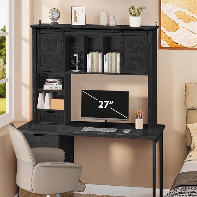 Large Desktop Bookshelf with Sliding Barn Door, 47.2''W Desk Shelf Display Rack, Desktop Organizer Storage Rack with 7 Cubbies and Drawer, Home, Desk Shelf for Office, Dorm, Vanity, Black