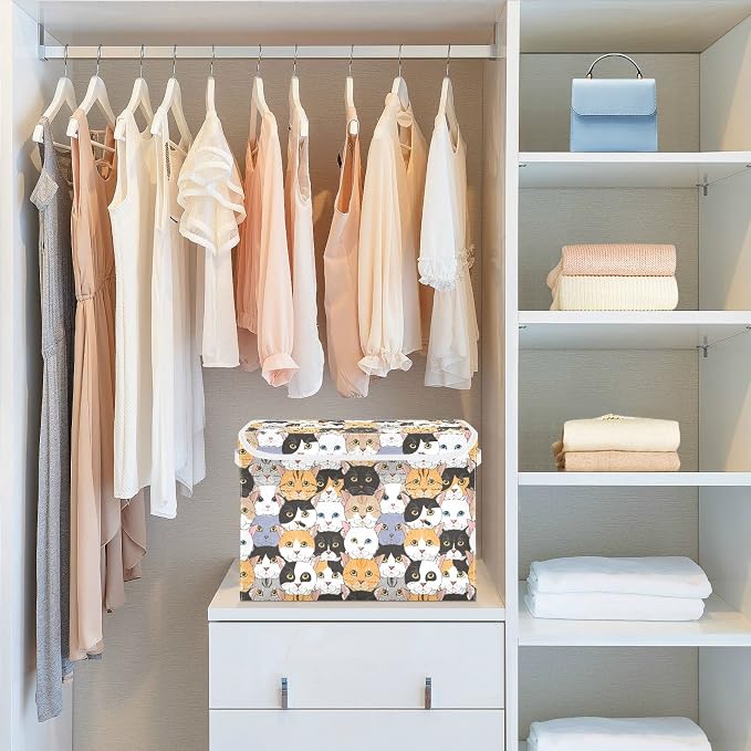 CaTaKu Large Fabric Storage Bins With Lids, Animal Cats Head Storage Boxes With Handles for Organizing Clothes, Collapsible Storage Cube Bins Baskets for Shelves