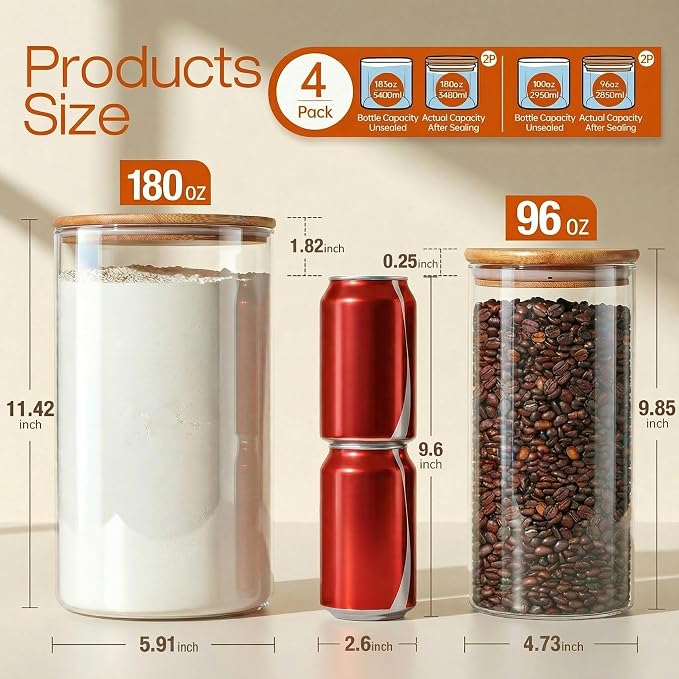 HomArtist Large Glass Flour and Sugar Containers 180oz x2 & 93oz x2 [Set of 4], Glass Food Storage Containers with Bamboo Lids, Glass Jar with Airtight Lid for Spaghetti Pasta,Rice,Cereal,Coffee, Oat