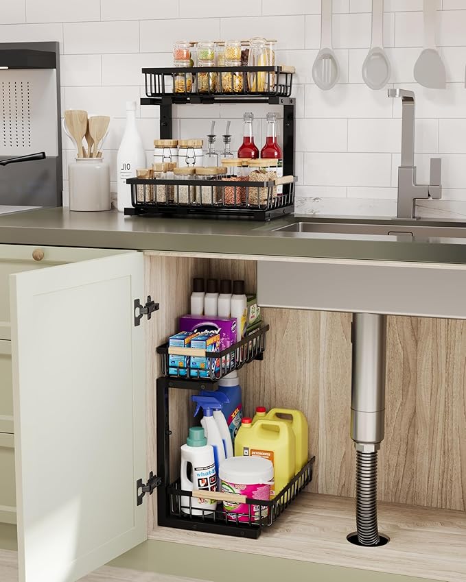 Under Sink Organizer Storage for Families: Pull Out Storage Undersink Organizers Drawer Cabinet - Sliding 2 Tier Rack Metal Organization Under Counter Kitchen Bathroom for Homemakers(Black,2 Pack)