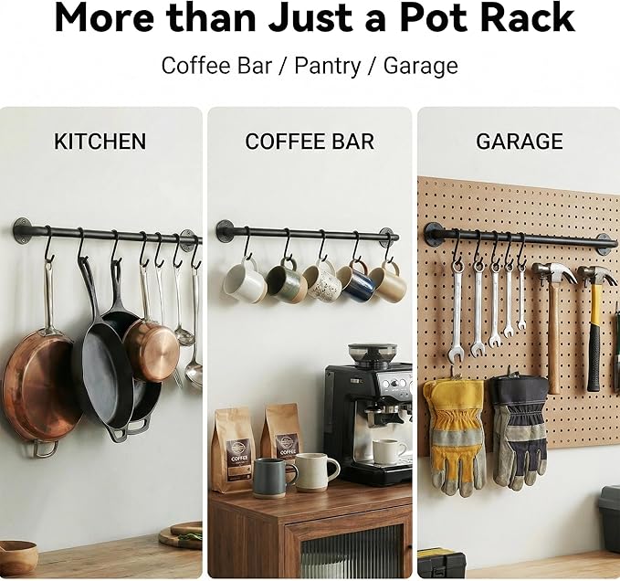 Black Steel-made Kitchen Utensil Rack Organizer Wall-mounted Pot Pan Wall Hanger Holder For Hanging Rail with 10 S Hooks