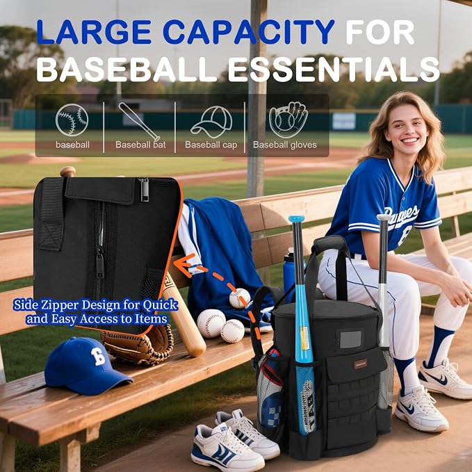 Baseball Bucket Backpack for 6 Gallon Bucket, Durable Softball Coaches Bag | Baseball Coaching Accessories Organizer with Pockets for 2 Bats, Gloves & Scoreboards, Tactical Gear for Practice & Games