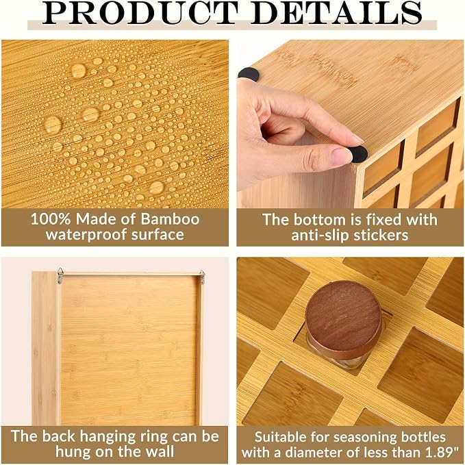 Novabright 36 Grids Bamboo Spice Rack Organizer, Wooden Spice Rack Wall Mount with Square Compartments, Wood Hanging Shelf for 4 oz Glass Jar Drawer Cabinet Kitchen Countertop Wall, Jars Not Included