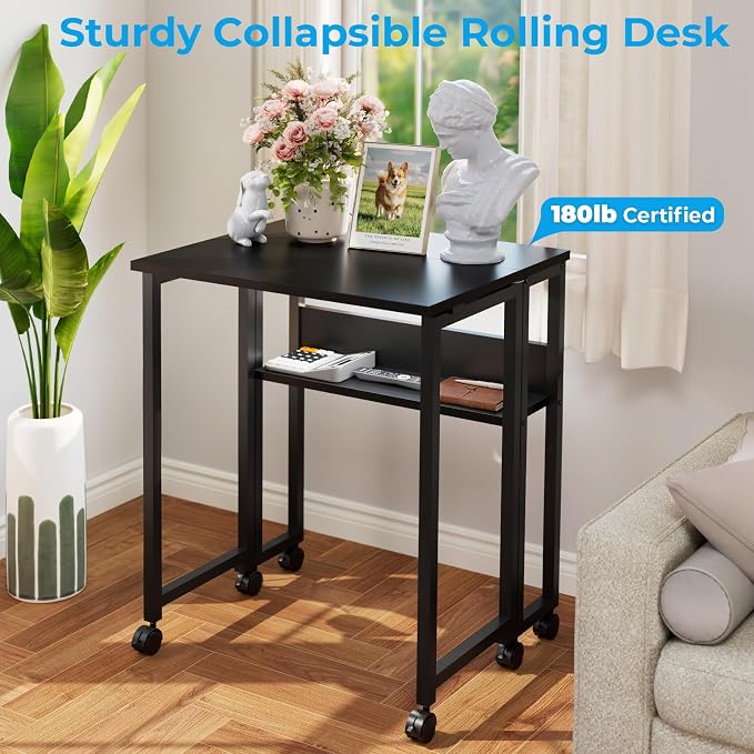 GreenForest Folding Desk with Wheels, 31.5" Rolling Table for Small Spaces | Storage Shelf, Lockable Casters, Compact Portable Workstation, Space-Saving Foldable Sofa Table, Home Office, Mobile, Black