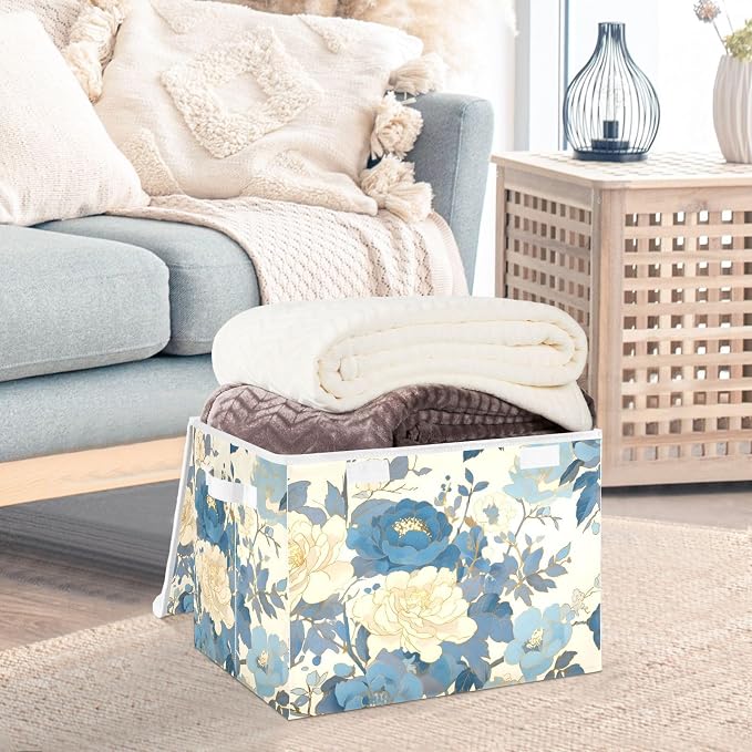Blue White Peony Lidded Storage Bins with Handles - 16.5"x12.6"x11.8" Foldable Organizing Box, Oxford Fabric & Honeycomb Board, Dust-Proof Flip Lid for Closet/Office