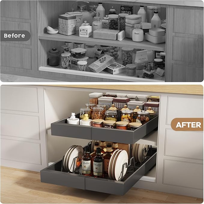 Seinloes 2 Pack Pull out Cabinet Organizer 21" Deep With Raising Pad for Framed Cabinets, Expandable (9"-14" W) Slide out Drawers for Kitchen Cabinets with 4pcs Divider Racks, Roll out Shelves, Black