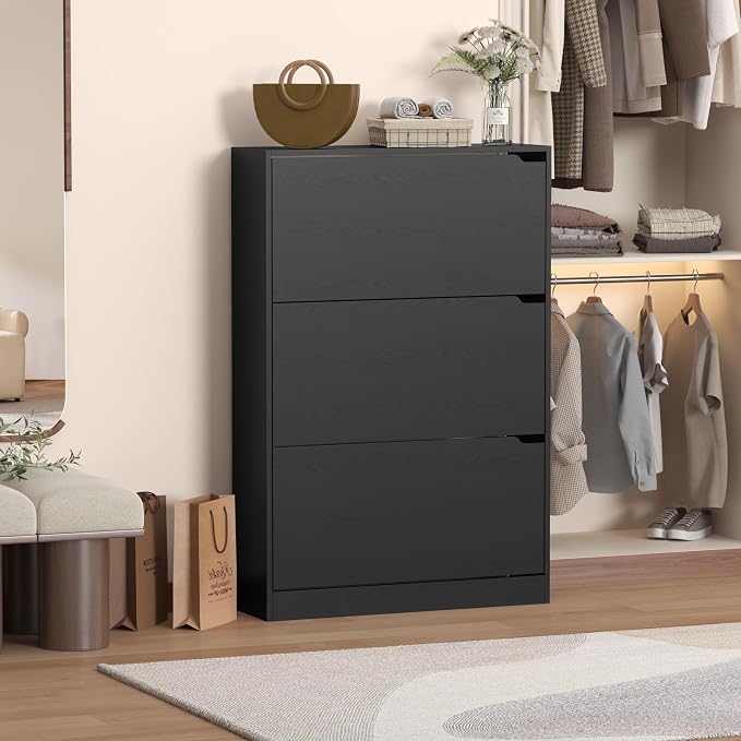 Wodeer Narrow Shoe Cabinet for Entryway, Slim Shoe Storage Cabinet with 3 Flip Drawers, Hidden Wood Shoe Cabinet Storage, Freestanding Shoe Rack Organizer Foyer, Hallway, Black