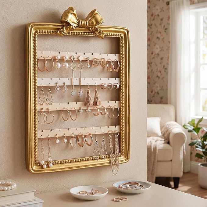 12 x 9.5 Inches Earring Organizer Wall Mounted Jewelry Holder Hanging Vintage Display Rack with 4 Tiers Elegant Earring Holder for Women Necklaces Bracelets Jewelry Storage Gift(Bow)