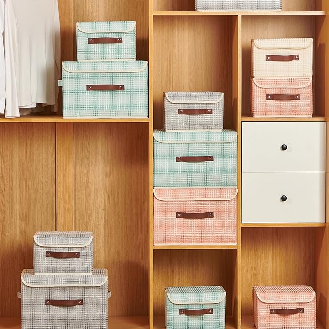 Storage Boxes with Lid 3D Textured Fabric Storage Bins Closet Organizer Containers Decorative Collapsible Washable Shelf Baskets with Faux Leather Handles (Light Salmon, Large Size)