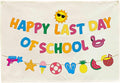 Happy Last Day of School Banner, Beige Cotton Canvas Classroom Wall Hanging Sign, End of Year Graduation Decor for Preschool Kindergarten Elementary Photo Backdrop, Teacher Gift 28.5x20 Inch