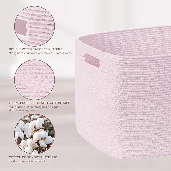 45L Small Woven Laundry Basket Hamper with Handles, Pink | 18"x14"x11", collapsible wicker hamper, storage for dirty clothes, toys, blankets, gifts, living room, bedroom, bathroom