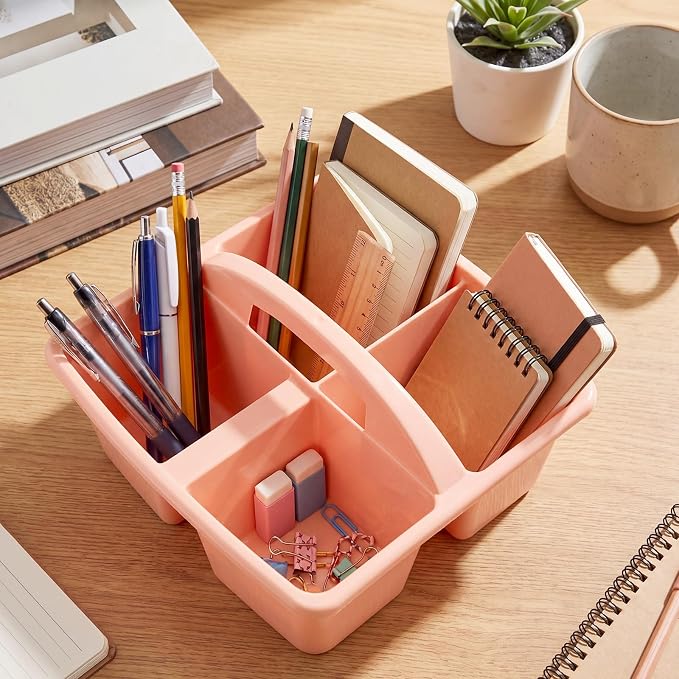 Potchen 12 Pack Caddy Organizer with Handle, Plastic Desk Storage Caddy Organizer with 3 Compartments Portable Caddies Holder for Table Desk Pencil Crayon Workshop Home Office Supplies