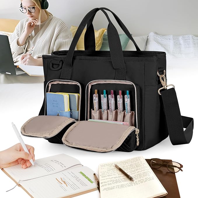 Teamoy Journal Supplies Storage Case, Journal Bag Planner Case, Black | Quilted Stationery Bag with Shoulder Strap, Large Travel Organizer for B5 Notebooks, Planner, Pens, and Journal Accessories