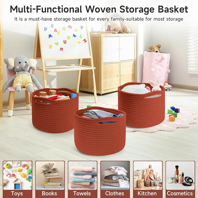Small Rope Baskets for Storage, Baskets for Gifts Empty, Cute Round Woven Basket, Decorative Shelf Baskets 9.82×9.82×7.1", Cotton Toy Basket Storage Bins for Organizer 3 Packs-Brick Red