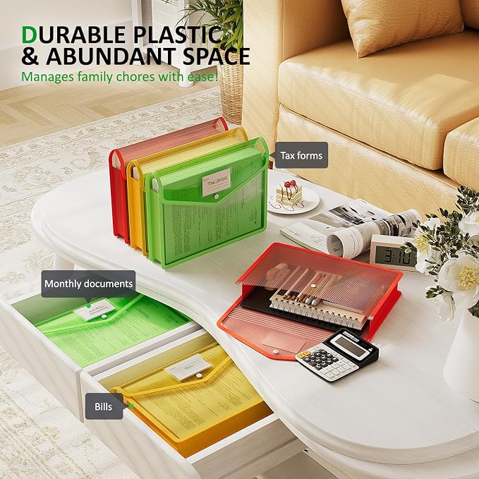 ThinkTex Plastic Expanding File Folders, Transparent Envelopes with Snap | No Dividers, Large Capacity, Document Organizer for Bills & Taxes, Letter/A4 Size for School, Office, Home - 3 Pack
