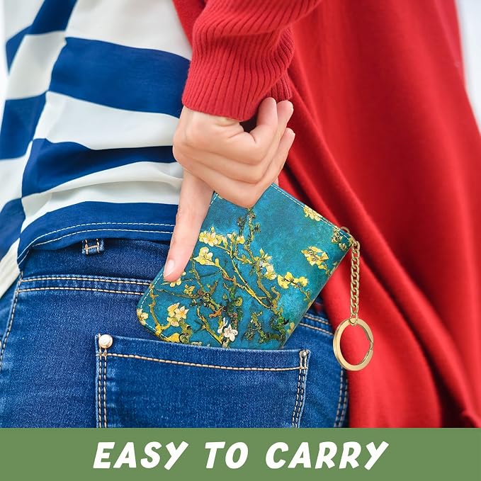 Aiawoxc Credit Card Holder, Small RFID Wallet Slim Leather Card Organizer Case with Zipper and Keychain, Almond Tree