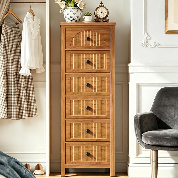 Lxsxlome 6 Drawer Dresser for Bedroom,Modern 52.55'' Tall Wood Chest of Drawers, Storage Organizer with Fluted Panel & Anti-Tip Kit for Closet, Hallway, Living Room,Nursery (Walnut, 6 Drawers)