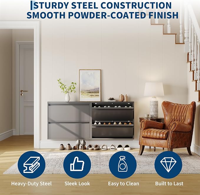 Garvee Slim Metal Shoe Cabinet with 2 Flip Drawers, Narrow Shoe Storage for Entryway, Wall Mounted or Floor Standing, Detachable Bottom Corners for Flexible Placement, Anti-Tip Safety Wall Mount