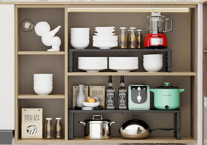 Jojocross Expandable Stackable Spice Rack Organizer for Kitchen Cabinet,Adjustable Counter Shelf, countertop, Pantry,Cupboard,Bathroom,Bedroom(3Packs/Black/Large)