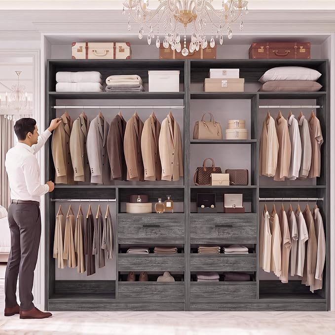iSunirm 36'' Closet System with Long Hanging Rods, 3FT Modular Closet Organizer System with 4 Shelves, Wood Walk-in Closet with Closed & 2 Half-Open Drawers, 80" H Adjustable Garment Rack, Oak