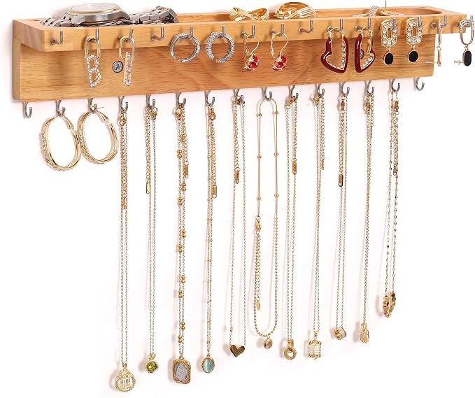Necklace Holder Organizer Wall Mount,Jewelry Holder Organizer with 30 Hooks,Oak Jewelry Organizer and Storage for Necklaces,Bracelets and Rings (Wood Color)