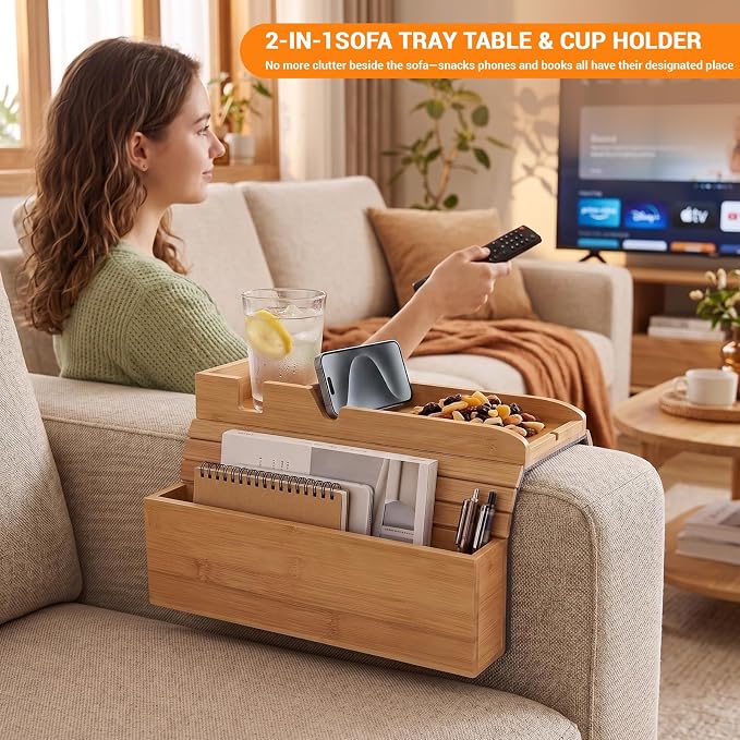 Bamboo Couch Armrest Tray with Storage Caddy for Drinks TV Remote Snacks | Non Slip Couch Arm Rest Table with Cup Holder, Adjustable Width Sofa Arm Tray