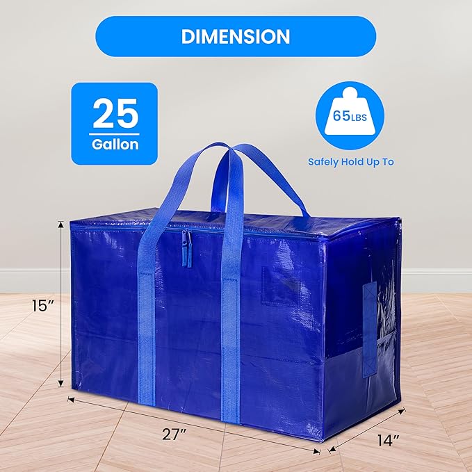 Simple Deluxe 4 Pack Extra Large Moving Bags with Lids, Reinforced Handles and Zippers, Heavy Duty Storage Tote for Moving Travel Camping Space Saving, Blue