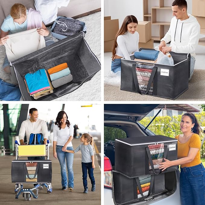 HomeHacks 2 Pack Extra Large Moving Bags with Visual PVC Window & Zippers, Storage Totes with Reinforced Handles, Heavy Duty Storage Bags for Packing, Moving, Storage (93L,Grey)