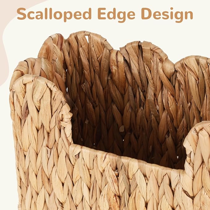 Scalloped Hand Woven Magazine Holder Natural Water Hyacinth Magazine Basket for Newspapers Books Files Decorative Boho Farmhouse Book Basket for Bathroom Living Room Home Office