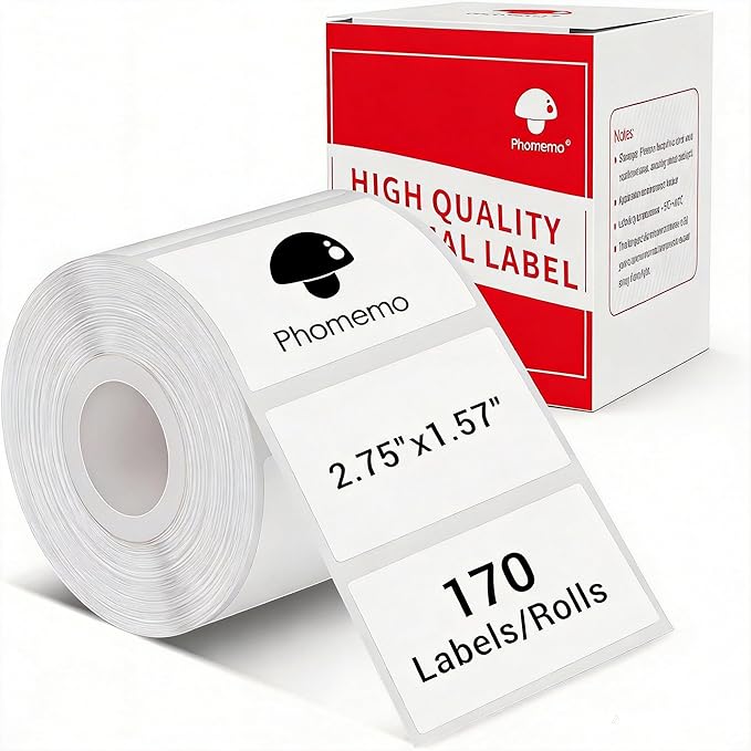 Phomemo Thermal Sticker Labels- 2.75"x1.57"(70x40mm) Thermal Label for M221/M220/M250/M260, for Barcode/Address/Mailing/Logo/Business/Home Tag, Black on White, 1 Roll, 170 PCS