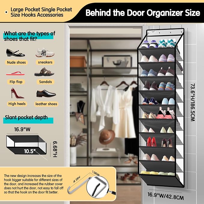 Kotkn 10 Tier Hanging Shoe Rack - Heavy Duty Behind The Door Hanging Shoe Rack, Sturdy Oxford Cloth, 20+ Pairs Over The Door Shoe Cabinet for Boots and Sneakers - Save 50% Closet Space! (Piano White)
